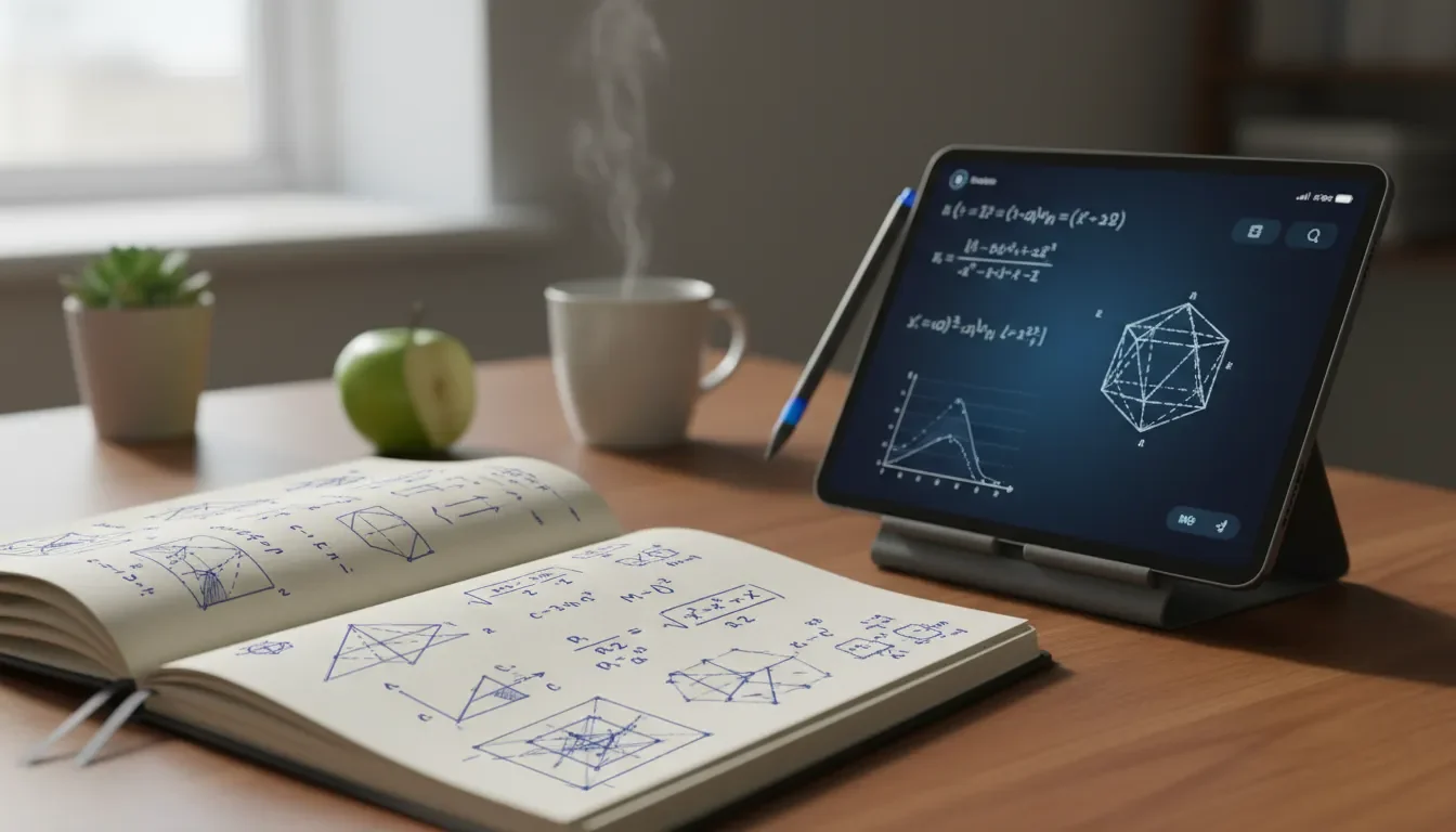 מחברת ולוח דיגיטלי עם שרטוטים מתמטיים